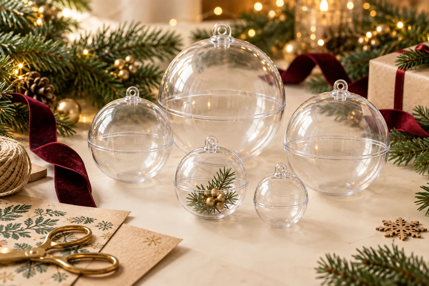 Cinco tamaños de esferas acrílicas transparentes para decorar en Navidad