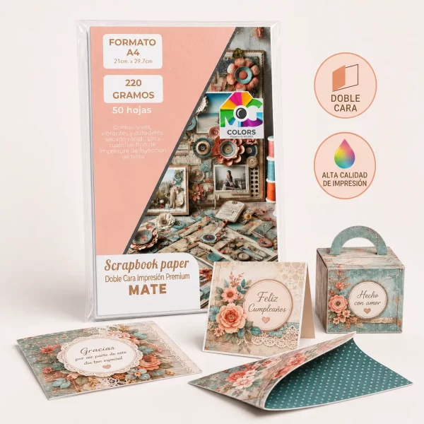 Papel scrapbook liso tipo opalina A4 220 g doble cara x 50 hojas