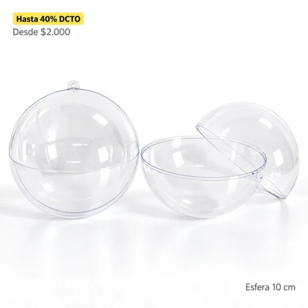 Esfera acrílica transparente divisible de 10 cm, vista cerrada y abierta sobre fondo blanco