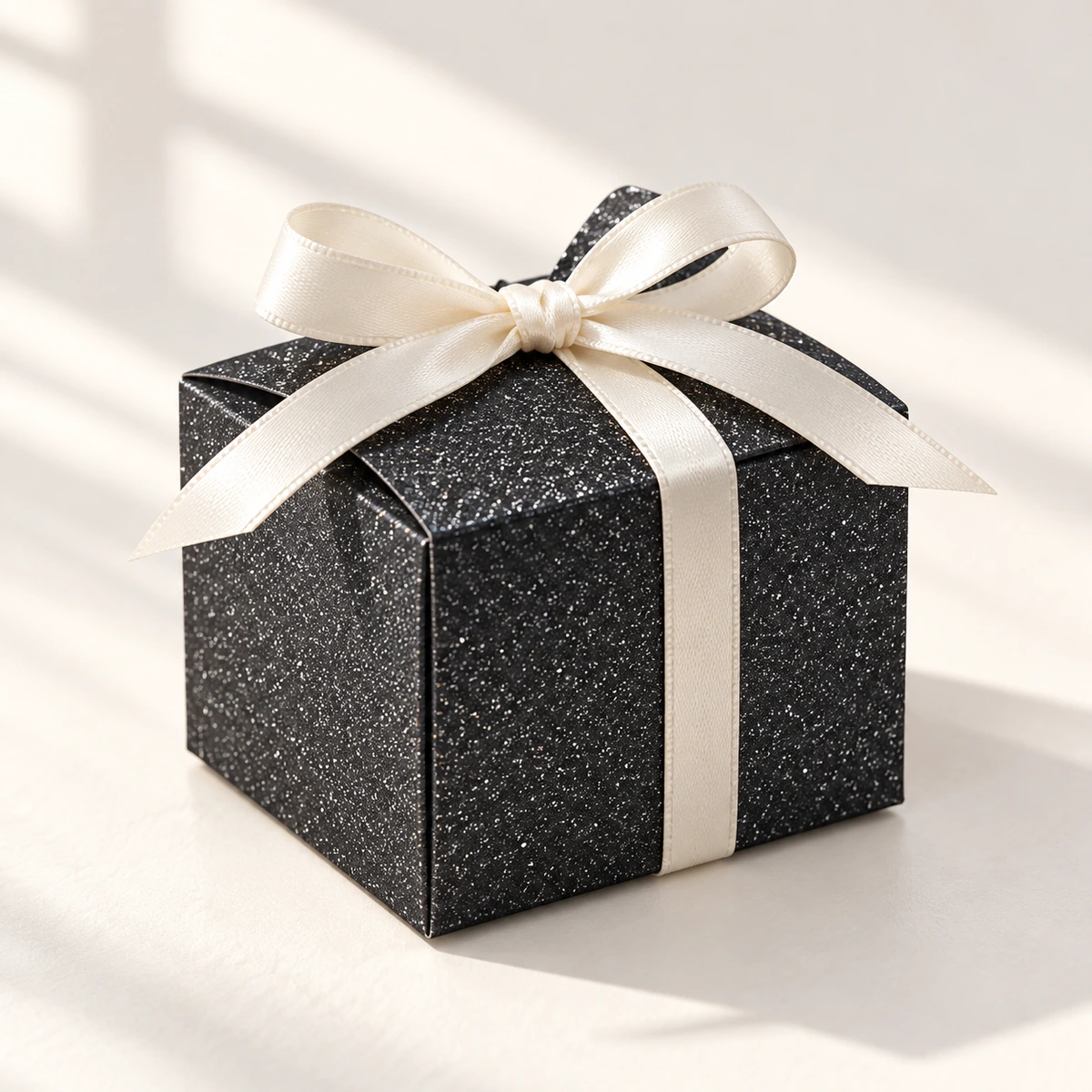 Caja decorativa elaborada con cartulina glitter negra de 220 g