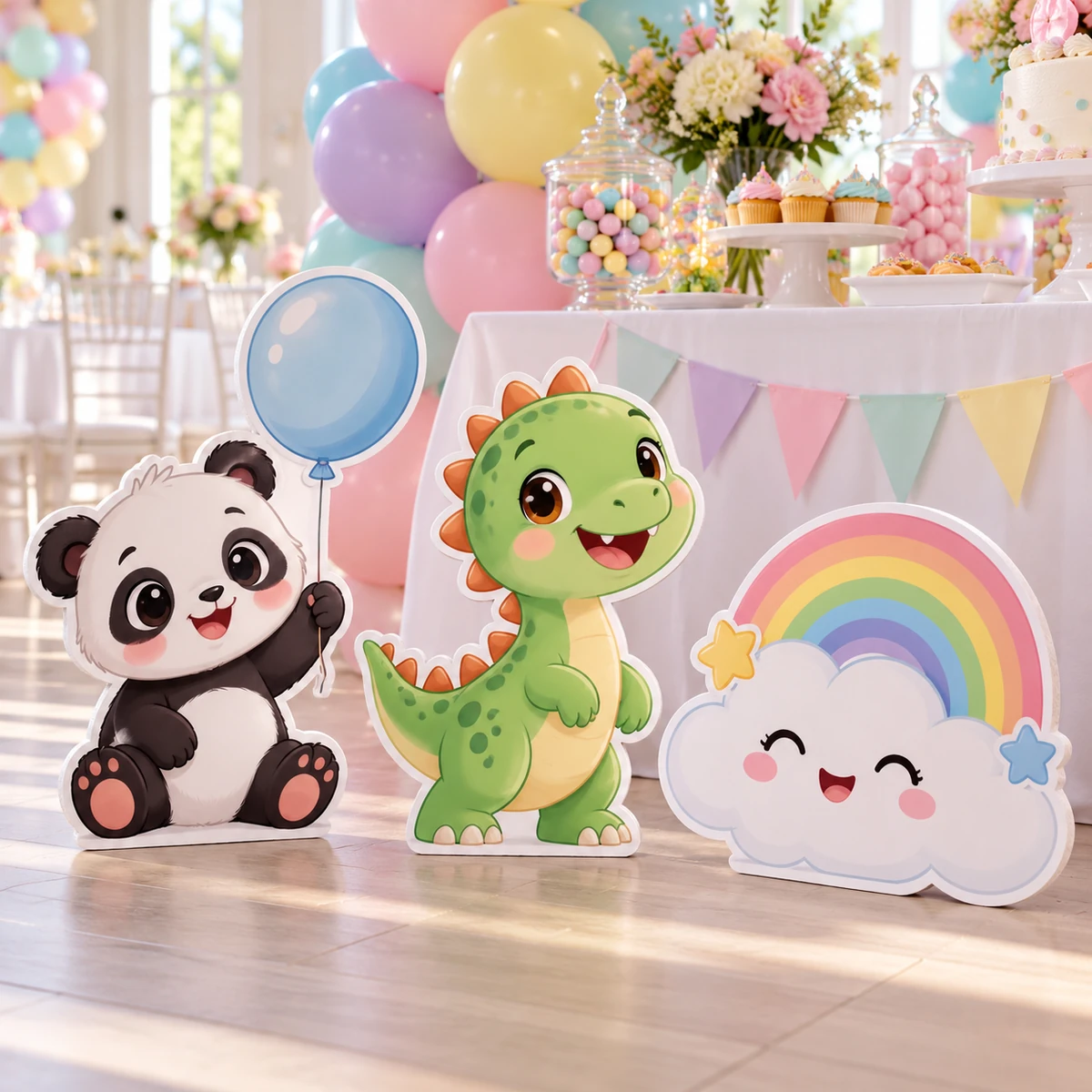 Aplicación creativa elaborada con Foam Board blanco 5 mm: figuras decorativas recortadas para fiesta infantil