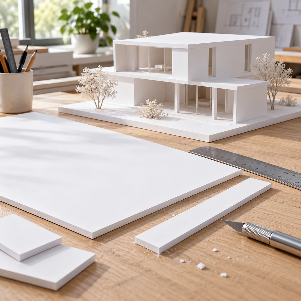 Aplicación creativa elaborada con Foam Board blanco 5 mm: maqueta arquitectónica