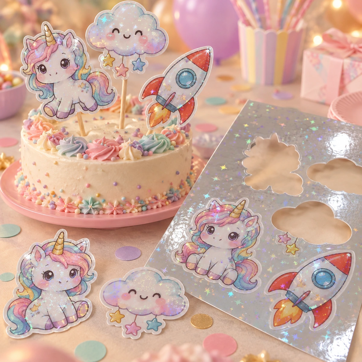 Aplicación creativa elaborada con laminado en frío holográfico estrellas: toppers y stickers infantiles