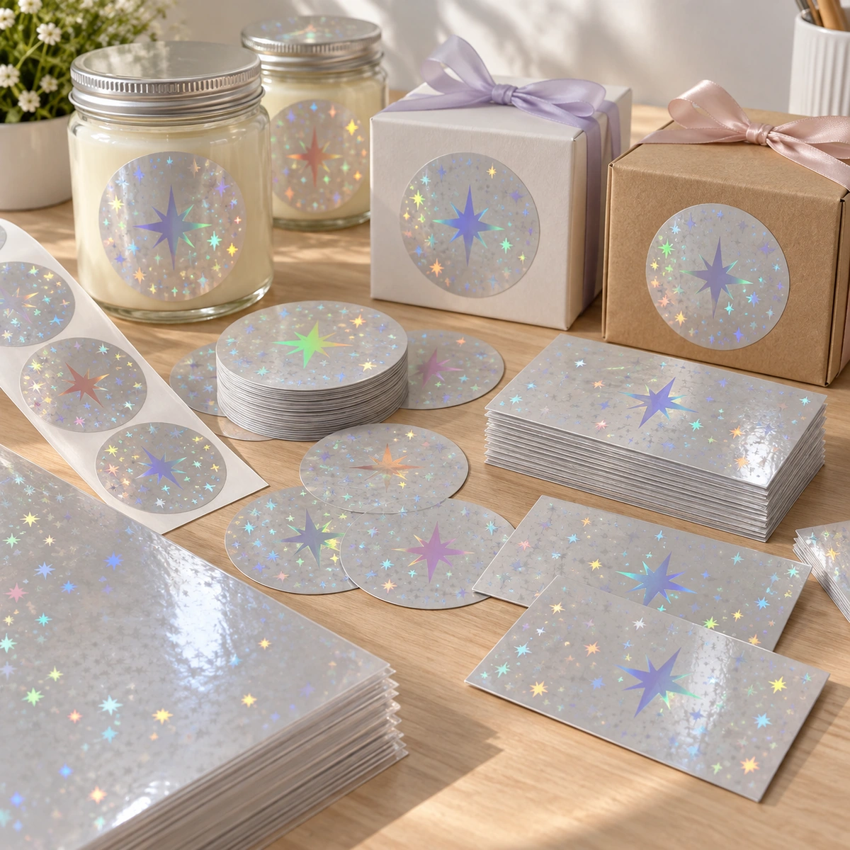 Aplicación creativa elaborada con laminado en frío holográfico estrellas: etiquetas de producto y tarjetas